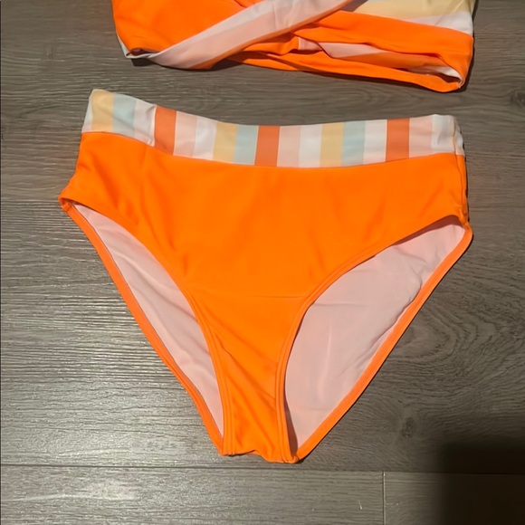 Orange and White halter Bikini with multi coloe Stripes - Picture 3 of 5